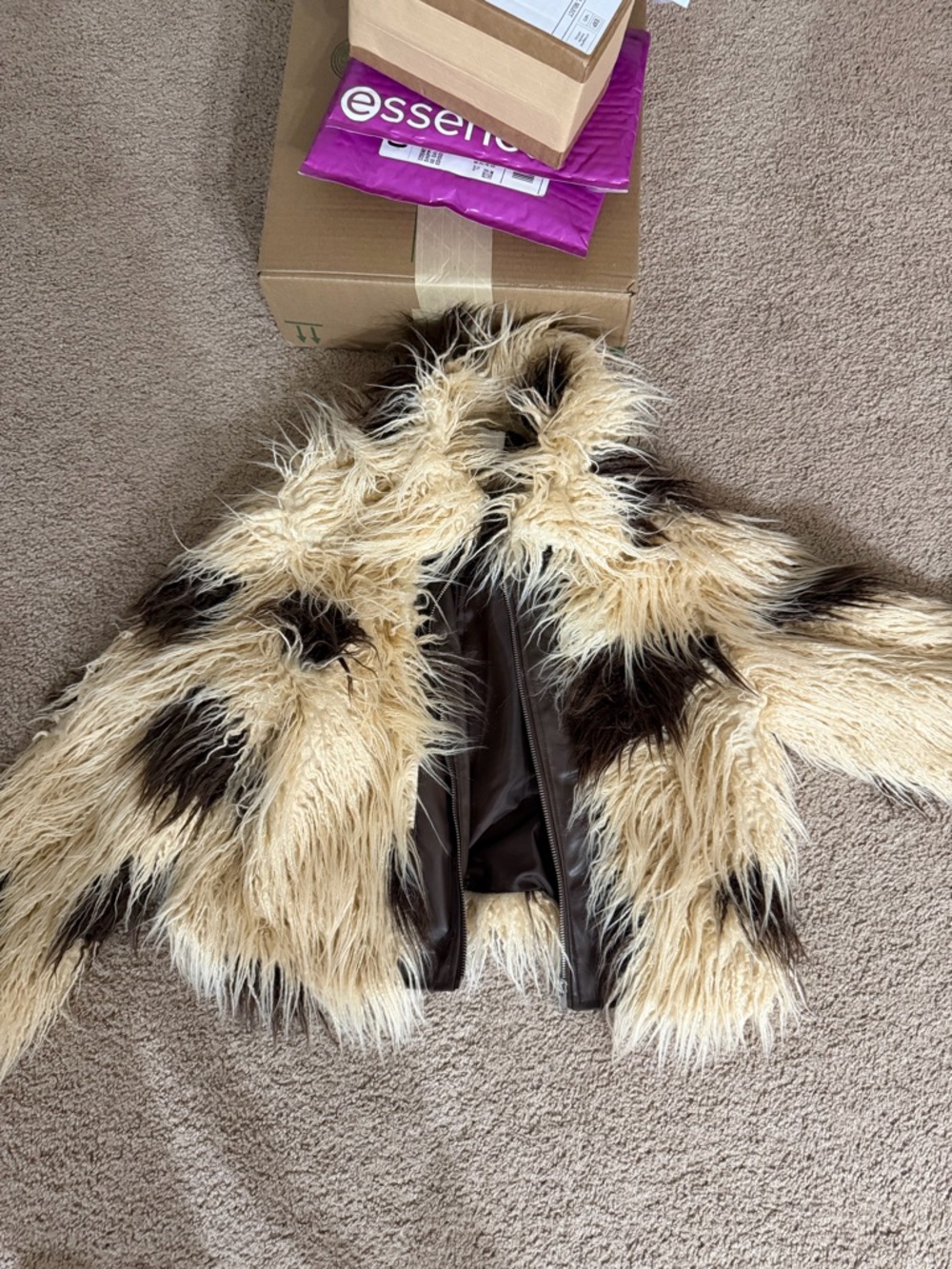 Fashion Nova Beige and Black Faux Fur Bomber Jacket